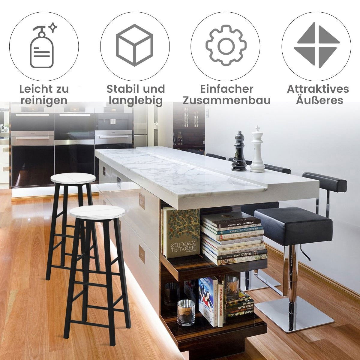 Set di sgabelli da bar con aspetto marmo e poggiapiedi e