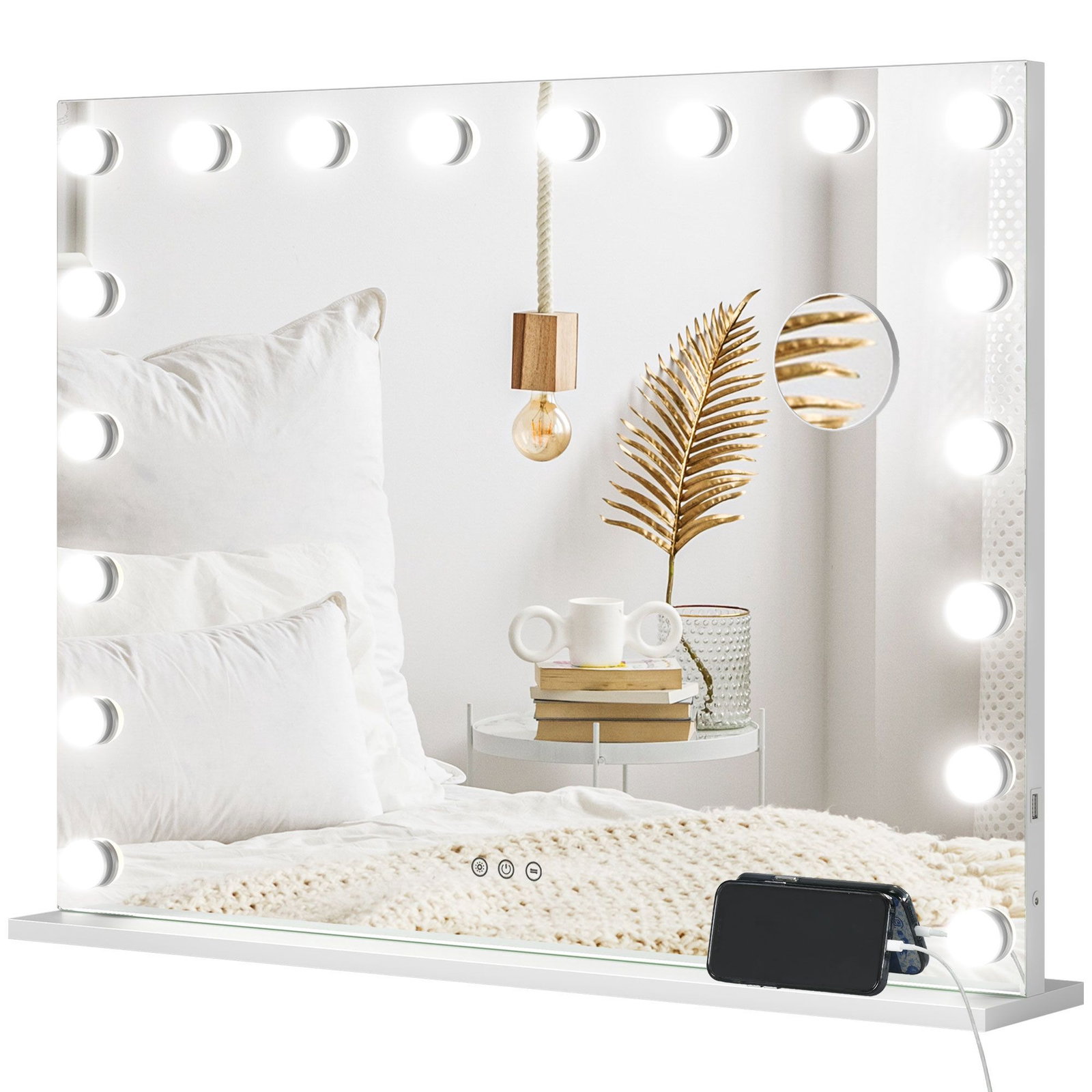Hollywood Mirror with 18 LED Bulbs, 80 x 60 cm, 3 Light Colours, White