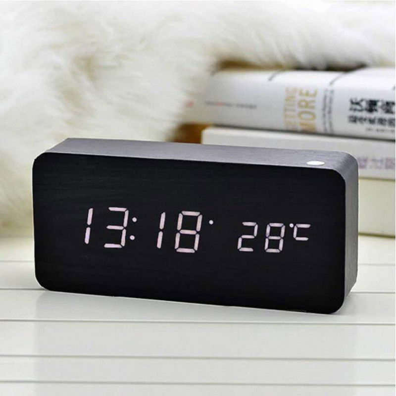 Digital LED Alarm Clock with a Wooden Design White Netsilla